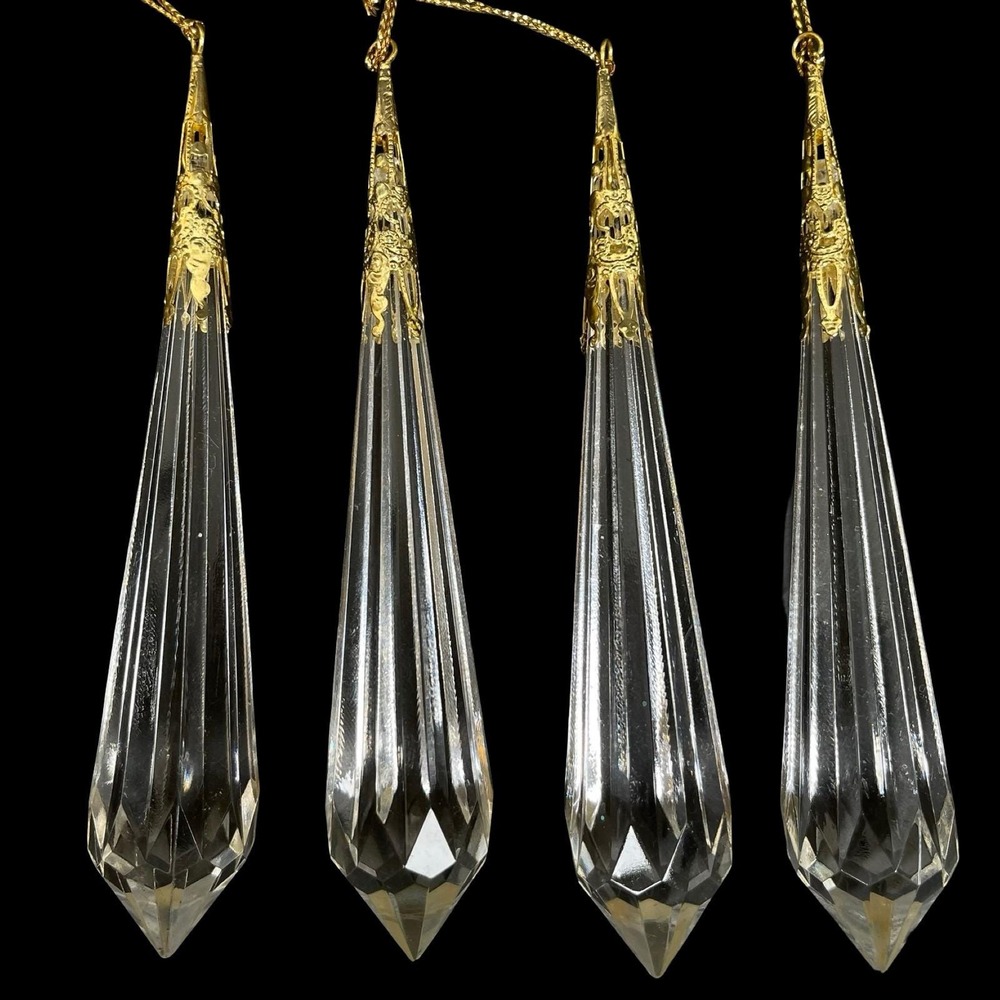Vintage Acrylic Icicle Ornaments Set of 4 Clear Gold Filigree Victorian Style